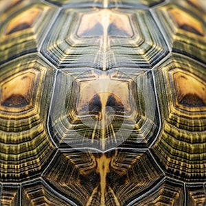Close-up of a tortoise shell, showcasing its intricate, geometric pattern. Hexagonal