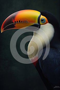 Close up toucan portrait on black background. AI generated