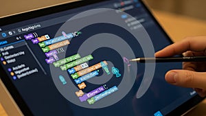 Close-up of touchscreen showing coding lesson with animated syntax highlights, tech education