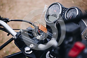 Close up of touring adventure motorcycle handlebar