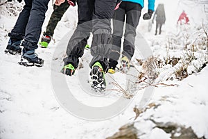 Close-up of tourists& x27; legs and their winter boots with crampons.
