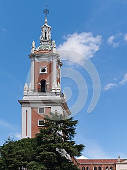 Close-up of the tower of the Museum of the Americas (Museo de AmÃ©rica), Madrid, Spain.