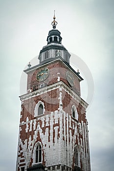 Town Hall Tower of Krakow, Poland, on a sunny day. Also called wieza ratuszowa w krakowie, it is a major landmark photo