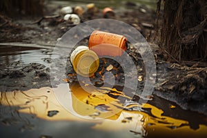 close-up of toxic waste spill, with hazardous chemicals seeping into the environment