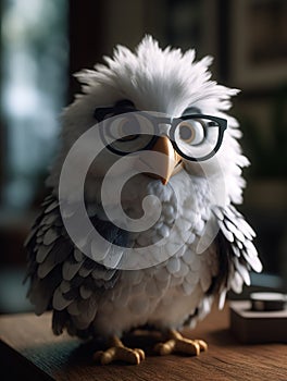 Close-up of a toy bird wearing white fluffy feathers and glasses. AI generated