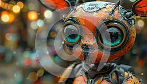 Close-up of a toy robot on a blurred background of the city street.