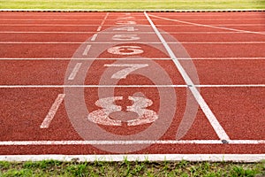 Close up track number at Athletics Stadium Running