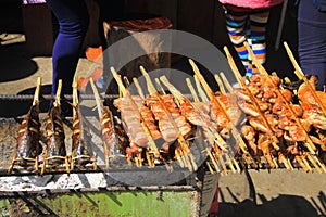 Close up of traditional barbecue street food with fishes and chicken intestines on skewers over charcoal grill - Vang Vieng, Laos