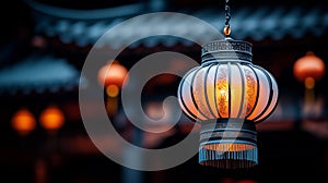 Illuminated Traditional Chinese Lantern at Night photo