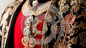 A close-up of a traditional costume with golden embroidery and metallic adornments photo