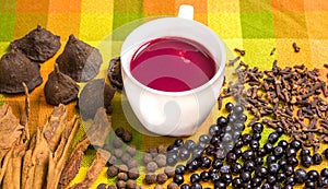 Close up of traditional Ecuadorian dish, colada morada and differente species over a colorful fabric