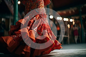 Close up of traditional flamenco dress at Seville April Fair (Feria de Abril de Sevilla). Generative Ai