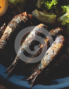 Close-up of traditional greek dish - grilled sardines, roasted sardinas on a plate with potatoes and vegetables, in Corfu island