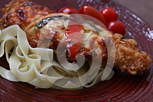 Close up Traditional Italian Chicken with egg plant , Aubergine parmigiana