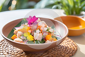 close-up of traditional peruvian ceviche with sweet potato