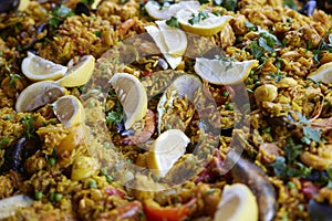 Close Up Of Traditional Spanish Delicious Seafood Paella In Pan