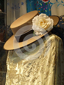 Close up of traditional Spanish female flamenco clothes on display in Madrid shop
