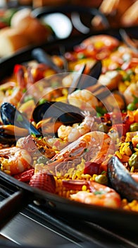 A close-up of a traditional Spanish paella dish filled with shrimp, mussels, and saffron rice.