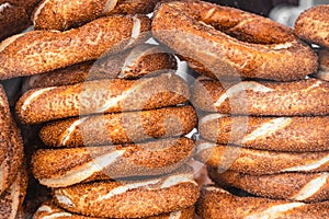 A close-up of traditional tasty Turkish bread semit withe sesame seeds sold everywhere across Turkey