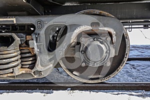 Close-up of train wheels. Bottom view. Winter