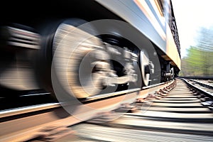 close-up of train wheels rolling over tracks, with the blur of motion