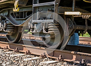 Close up with train wheels on track. Wheels of a train on the railway