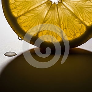 Close up of a translucent lemon slice backlit to highlight its intricate
