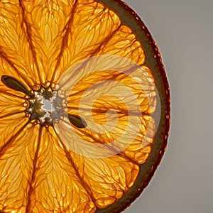Close-up of a translucent orange slice showing intricate patterns of the vesicles. The