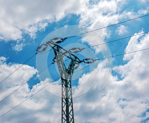 Close-up transmission towers (power tower, electricity pylon) cloud blue sky.