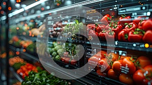 A close-up of a transparent monitor embedded in a refrigerator door, showcasing interactive recipe