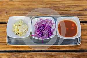 Close-up of a tray of assorted snacks on a restaurant table