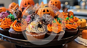 Close-up of a tray of Halloween-themed cupcakes