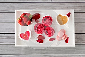 Close up of treats on tray for valentines day