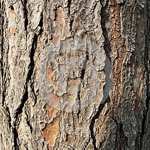 Close-up of a tree bark featuring a rough, textured surface with deep vertical ridges an