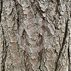 Close-up of tree bark featuring a rough, textured surface with gray and brown tones. T
