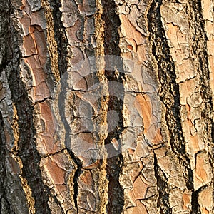 Close-up of tree bark with rough, textured surface featuring vertical ridges and deep