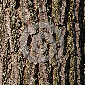Close-up of tree bark showing textured, rough surface with irregular, deep grooves an
