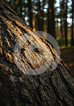Close-Up of Tree Bark Texture in Forest Sunlight