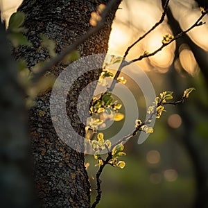 A close-up of tree branches with intricate textures, rough bark, and small budding leaves