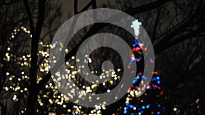 Close-up of tree`s branches in the dark with blurred silhouette of Christmas tree with garland of colorful lights on the