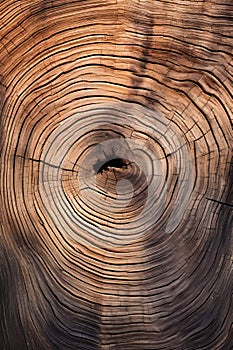 Close up of tree trunk with circular pattern. Generative AI