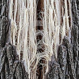 Close-up of a tree trunk displaying intricate, peeling bark patterns. The outer bark is