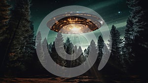 Close up of trees, flying saucer in the forest, dark and mysterious UFO design. Generative ai
