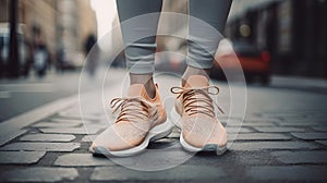 close-up of a trendy pair of sneakers on a city street one generative AI