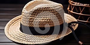 close-up of a trendy straw fedora hat with a black ribbon one generative AI photo