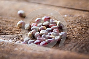 Close Up Of Tri Color Popcorn Kernels On Rustic Wooden Table Background With Selective Focus.