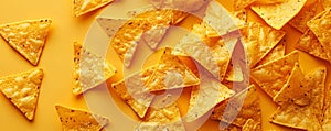 Close-up of triangular nacho chips on a yellow background