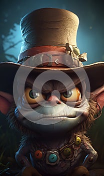 Close-up of a troll cartoon character wearing a hat. AI generated