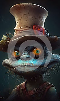 Close-up of a troll cartoon character wearing a hat. AI generated