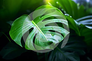 Close up of tropical Monstera Deliciosa plant leaf with fenestration photo